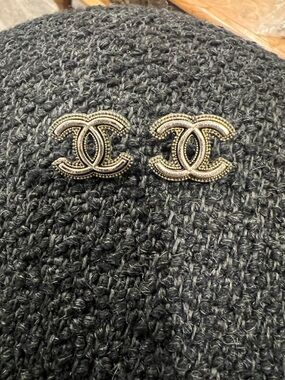 CHANEL Gold-Tone Interlocking CC Stud Earrings